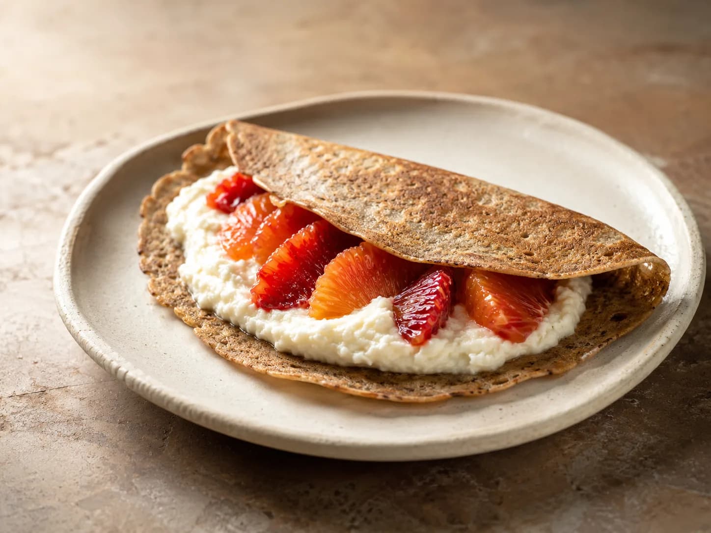 Buckwheat crêpe, ricotta, blood orange