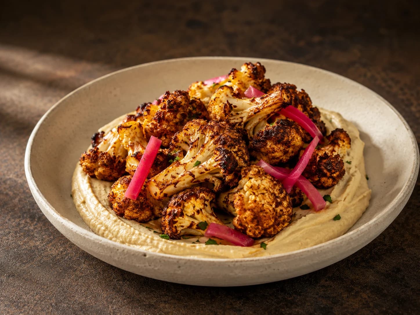 Cauliflower shawarma, hummus, pickles