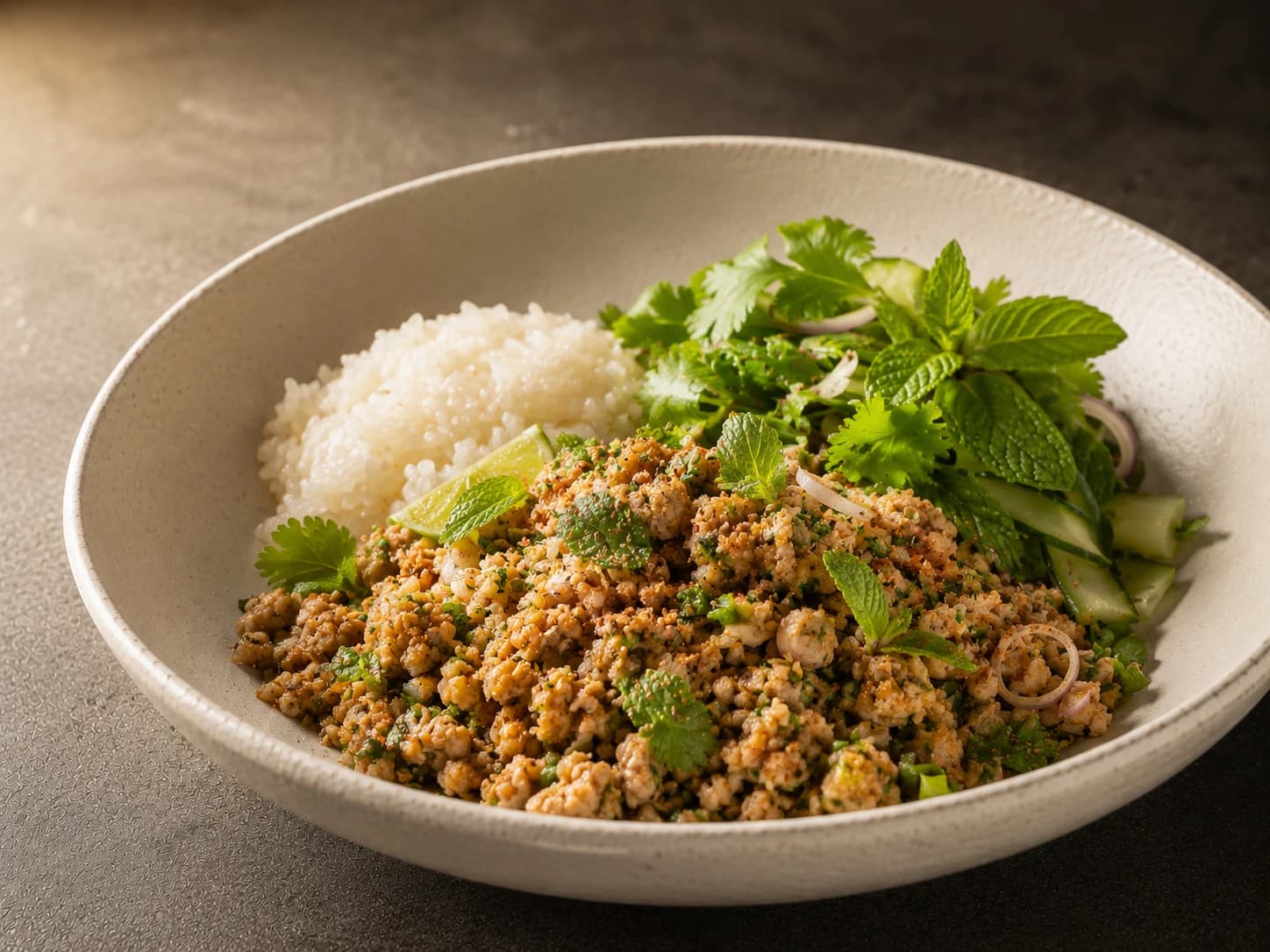 Chicken larb, sticky rice, herb salad
