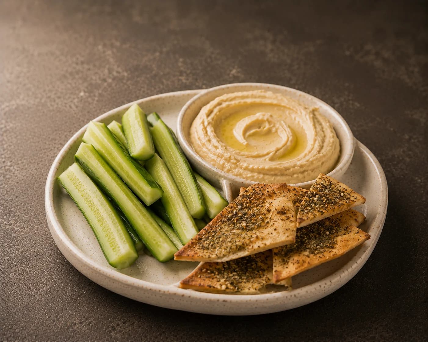 Cucumber, hummus, za'atar crisps