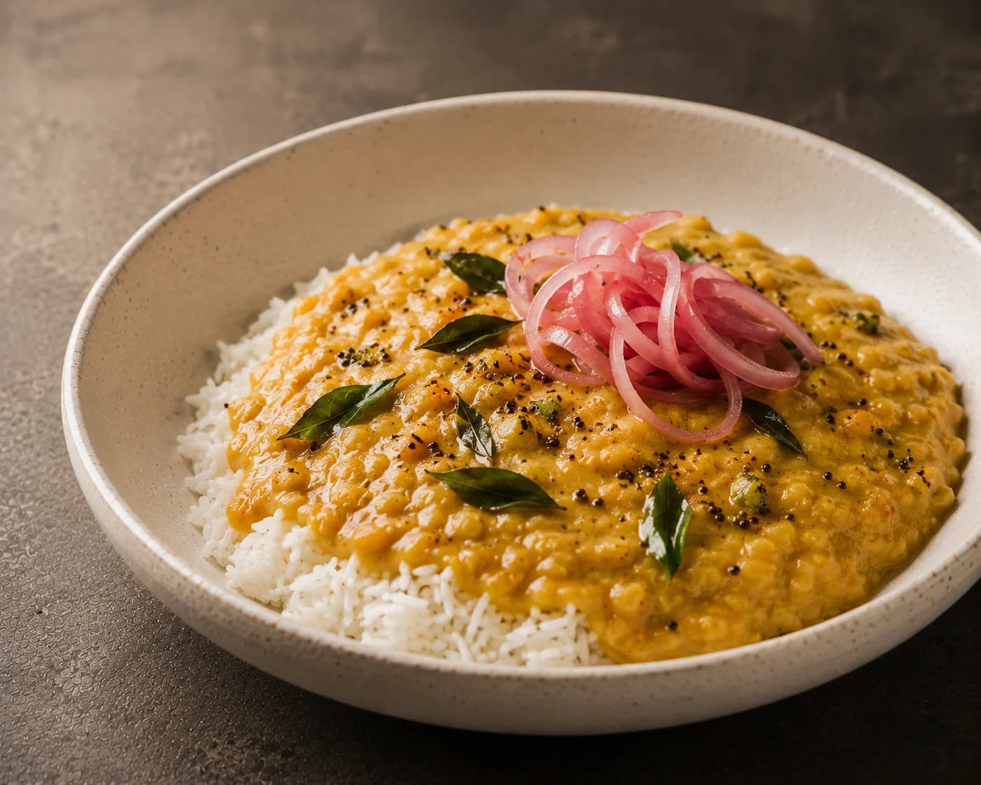 Coconut dal, jasmine rice, pickled onion
