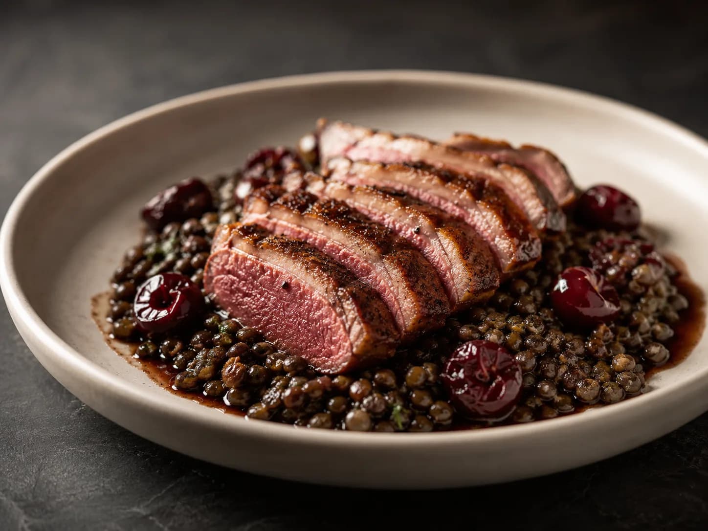 Duck breast, lentilles du Puy, cherries
