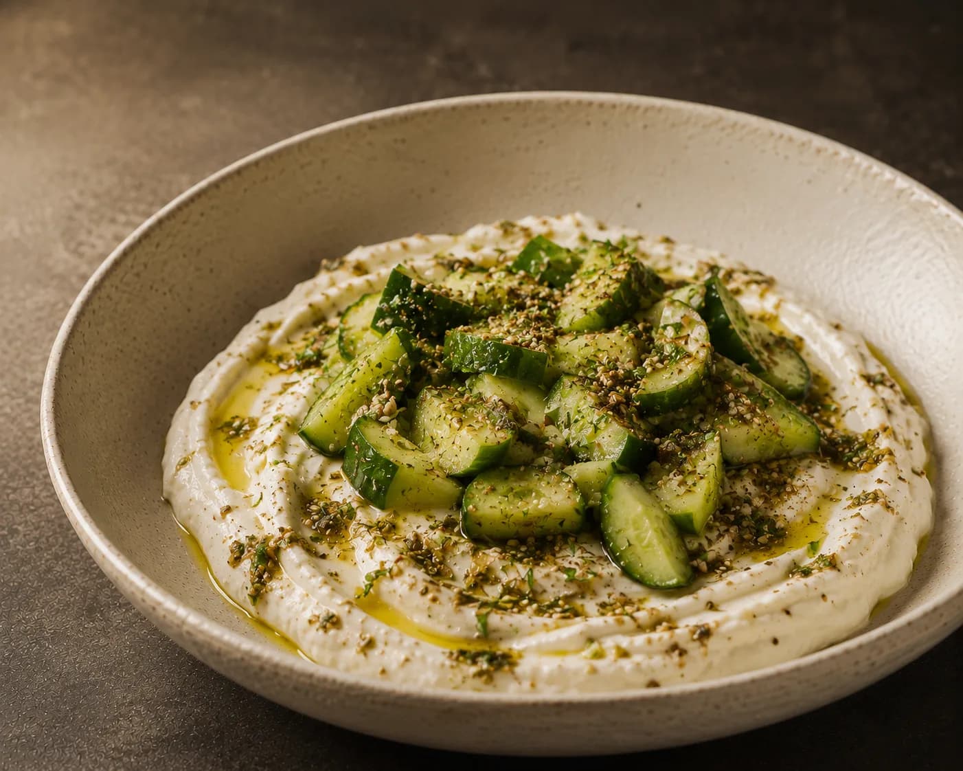 Labneh bowl, cucumber, za'atar
