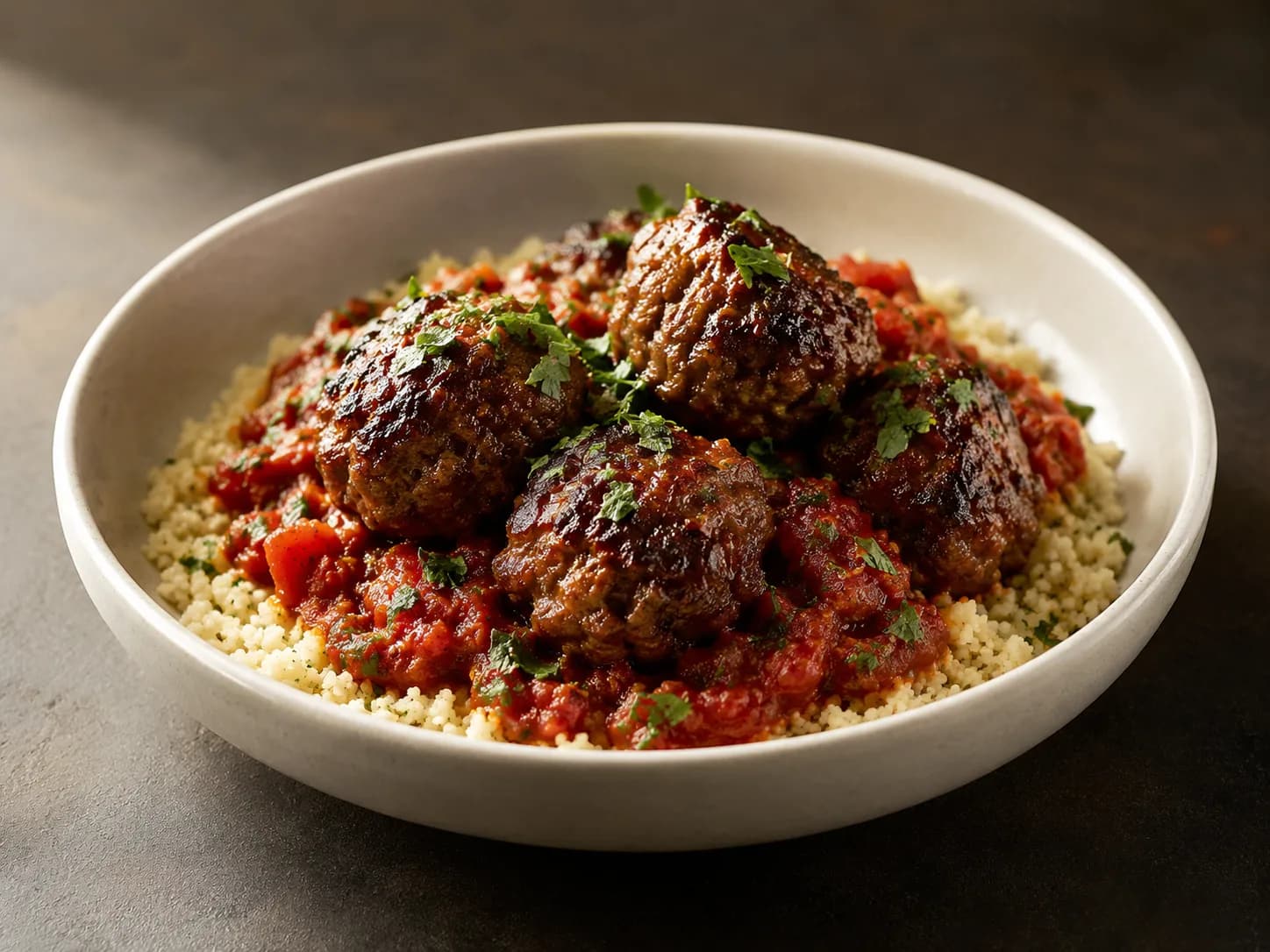 Lamb meatballs, tomato chermoula, couscous