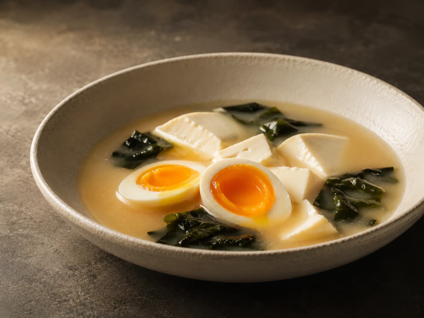 Soft-boiled egg, miso broth, tofu