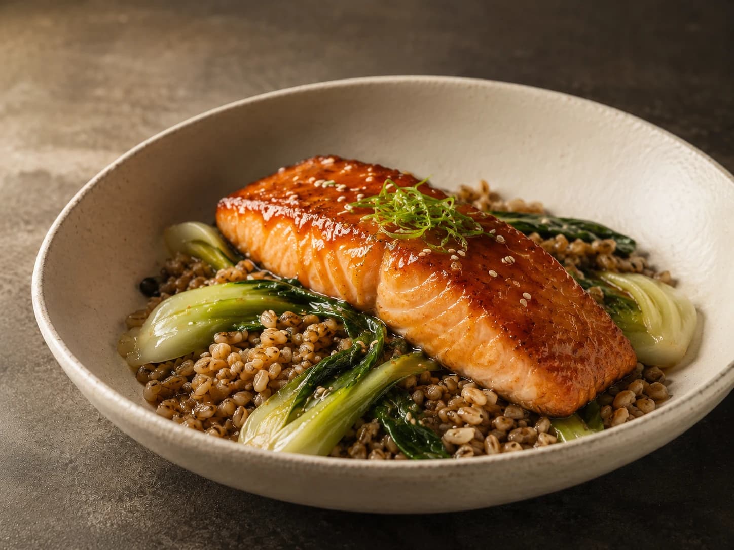 Miso salmon, farro, ginger greens
