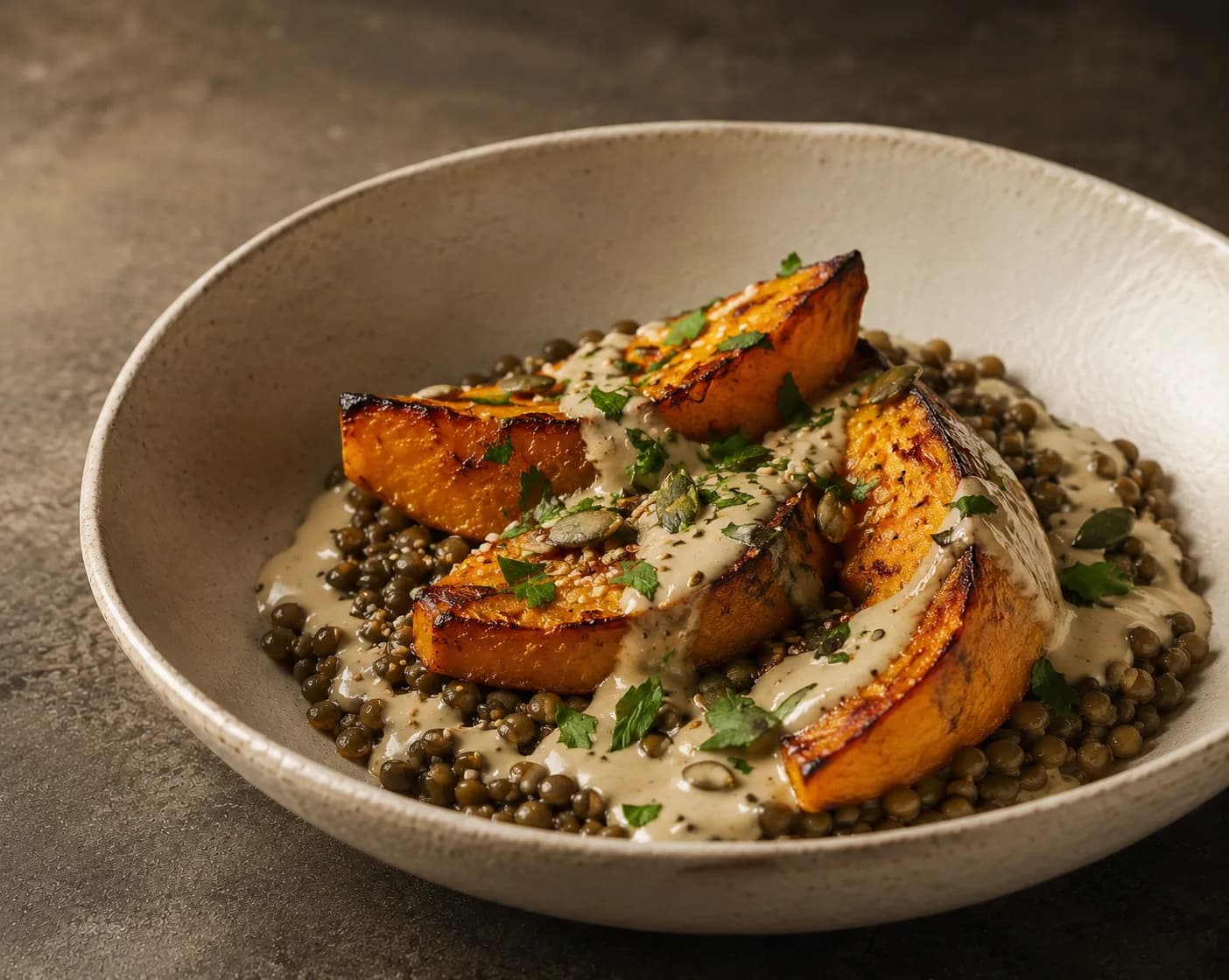Roasted squash, lentils, tahini
