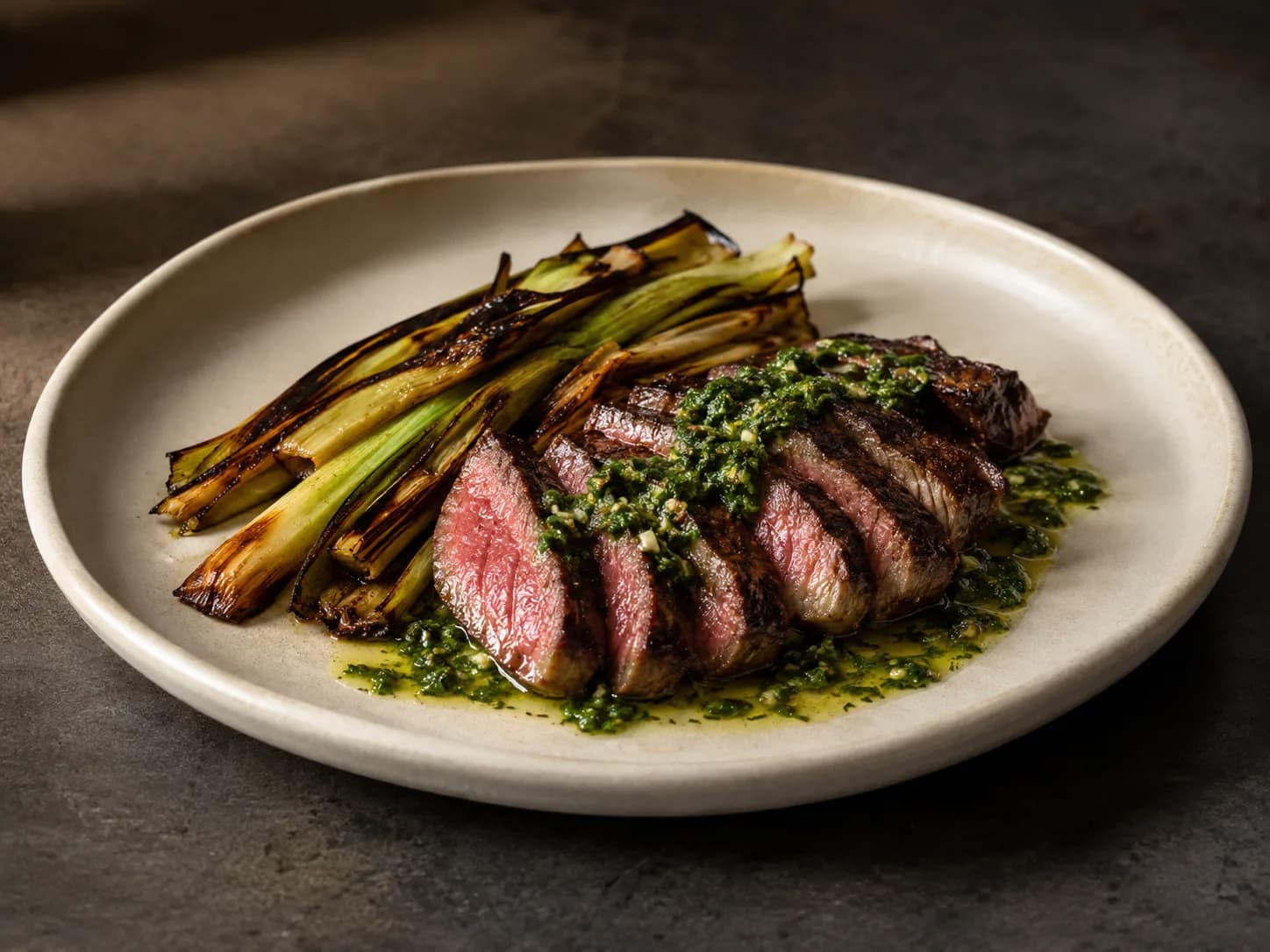 Seared steak, charred leeks, chimichurri