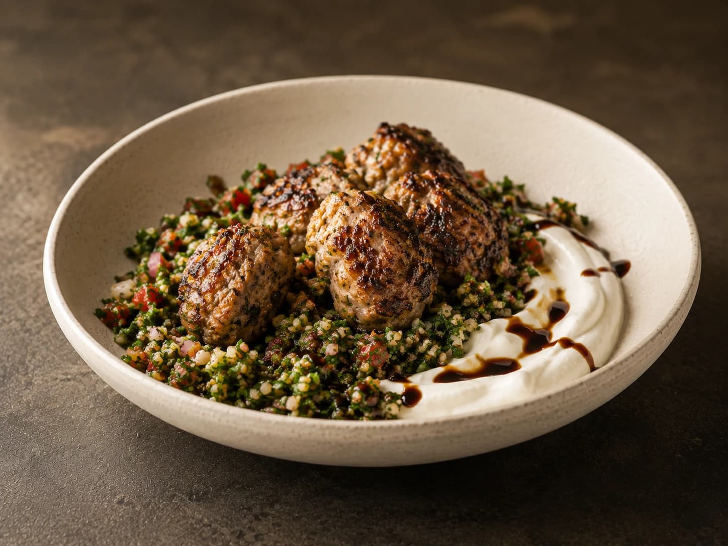 Turkey kofta, tabbouleh, pomegranate
