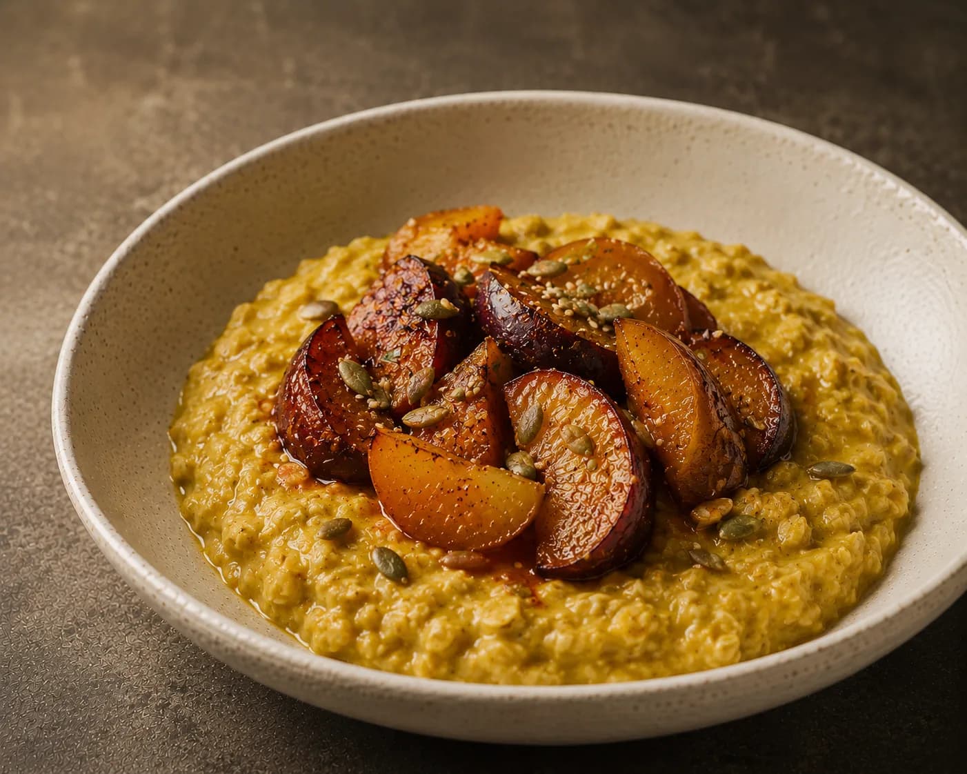 Turmeric oats, roasted stone fruit